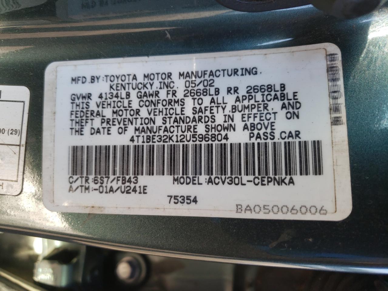 Photo 10 from auction – 2002 TOYOTA CAMRY LE with VIN 4T1BE32K12U596804