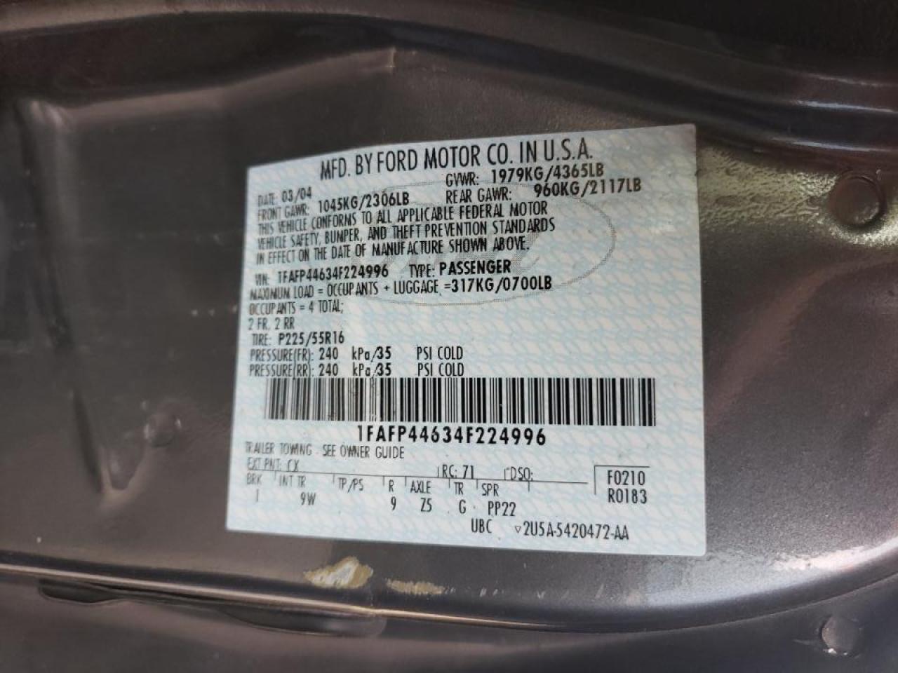 Photo 10 from auction – 2004 FORD MUSTANG with VIN 1FAFP44634F224996