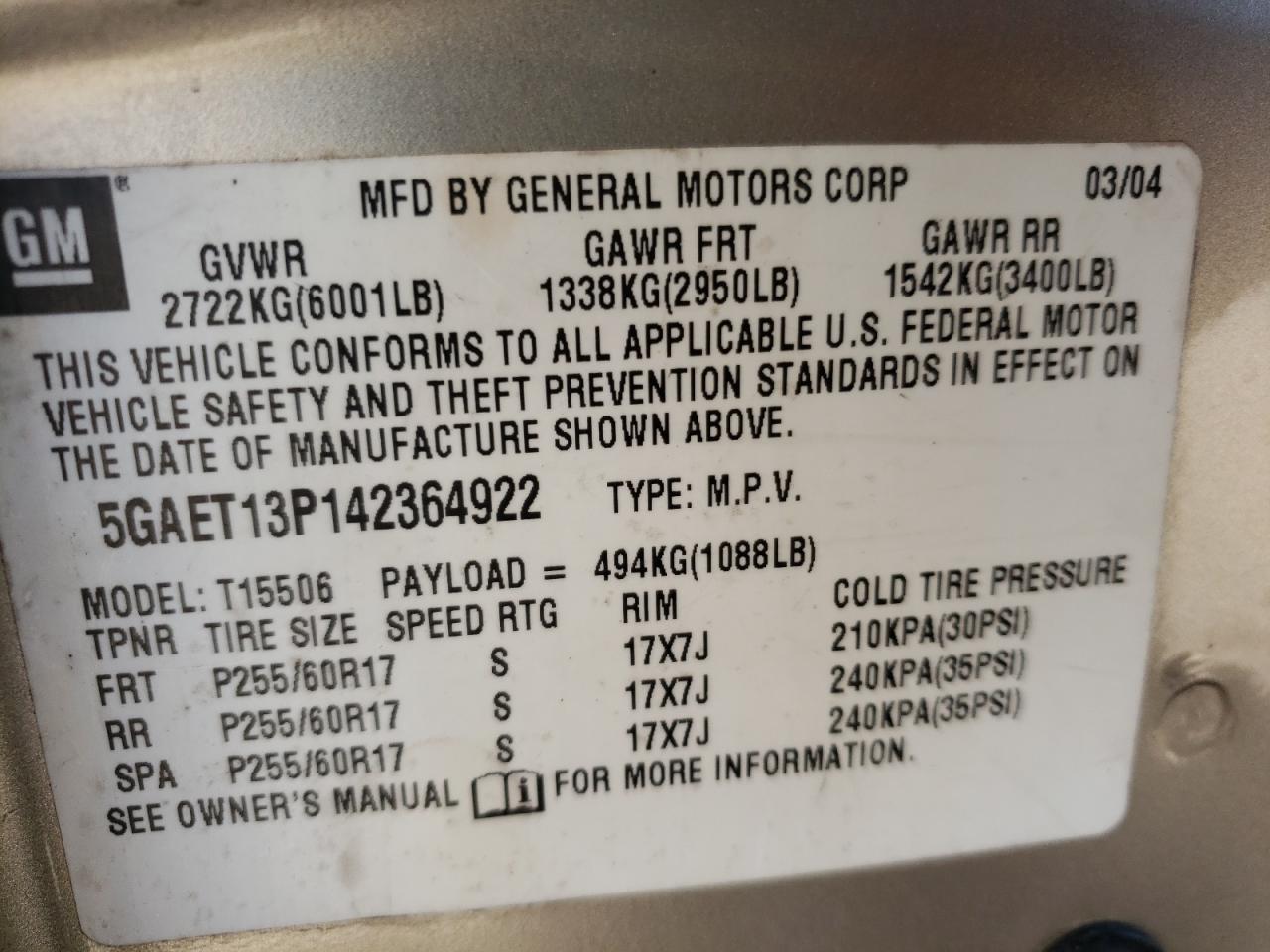 Photo 10 from auction – 2004 BUICK RAINIER CX with VIN 5GAET13P142364922