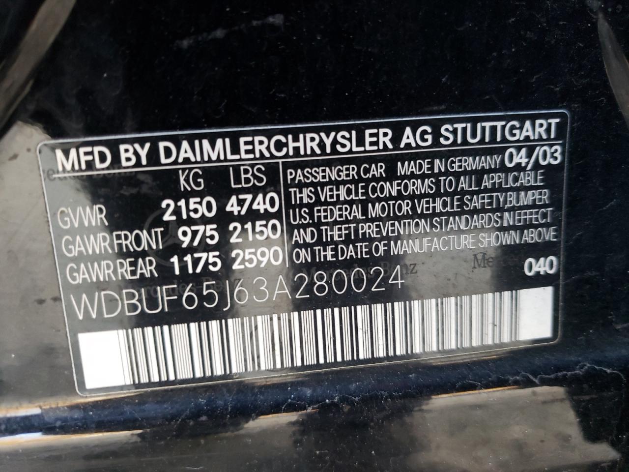 Photo 10 from auction – 2003 MERCEDES-BENZ E 320 with VIN WDBUF65J63A280024