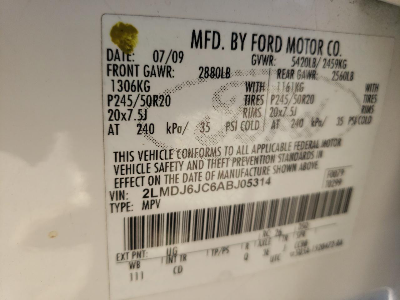 Photo 20 from auction – 2010 LINCOLN MKX with VIN 2LMDJ6JC6ABJ05314