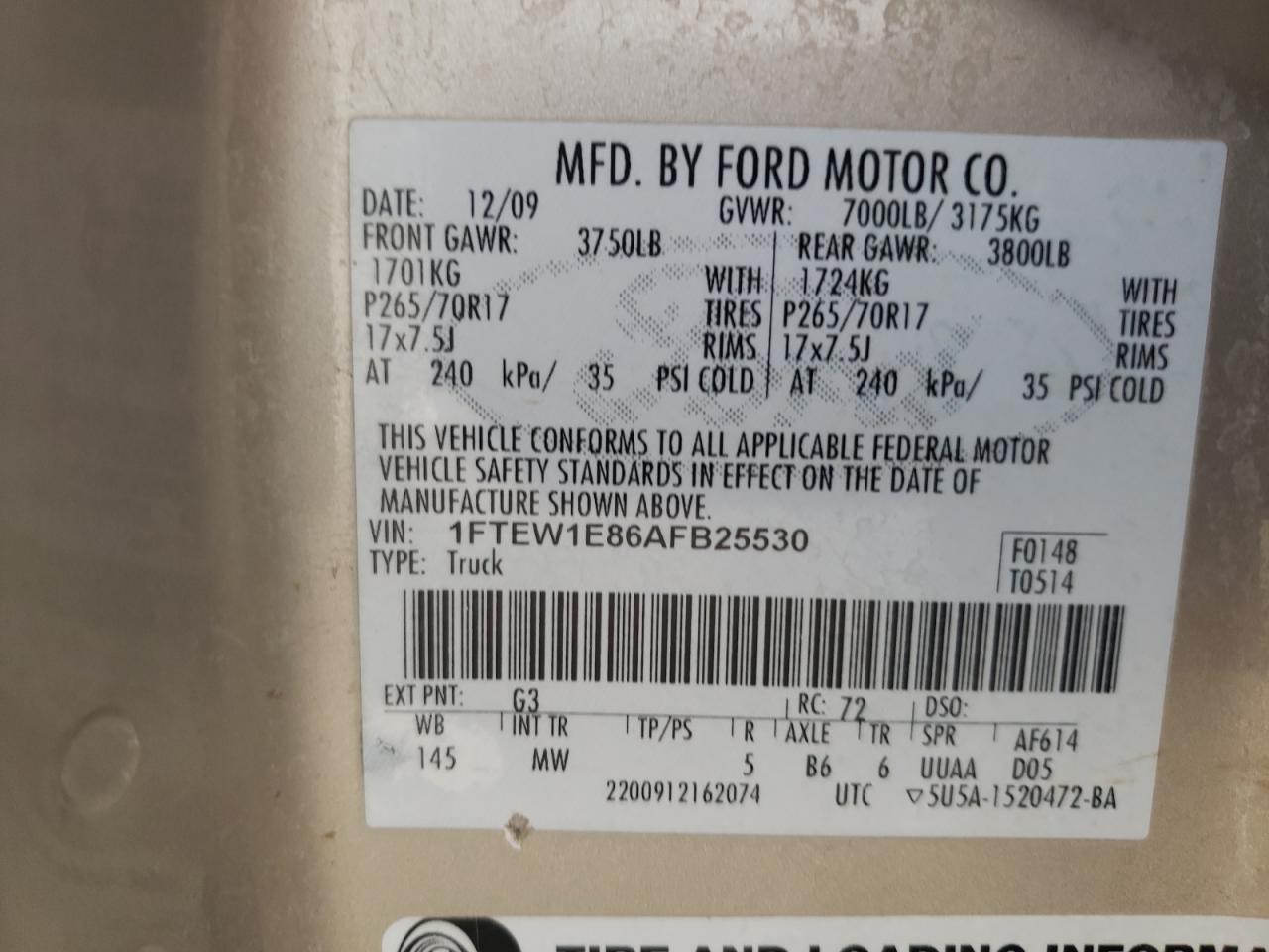 Photo 10 from auction – 2010 FORD F150 SUPER with VIN 1FTEW1E86AFB25530