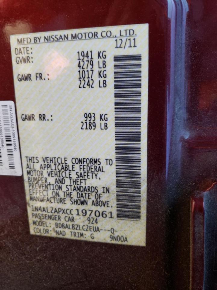 Photo 10 from auction – 2012 NISSAN ALTIMA BAS with VIN 1N4AL2APXCC197061