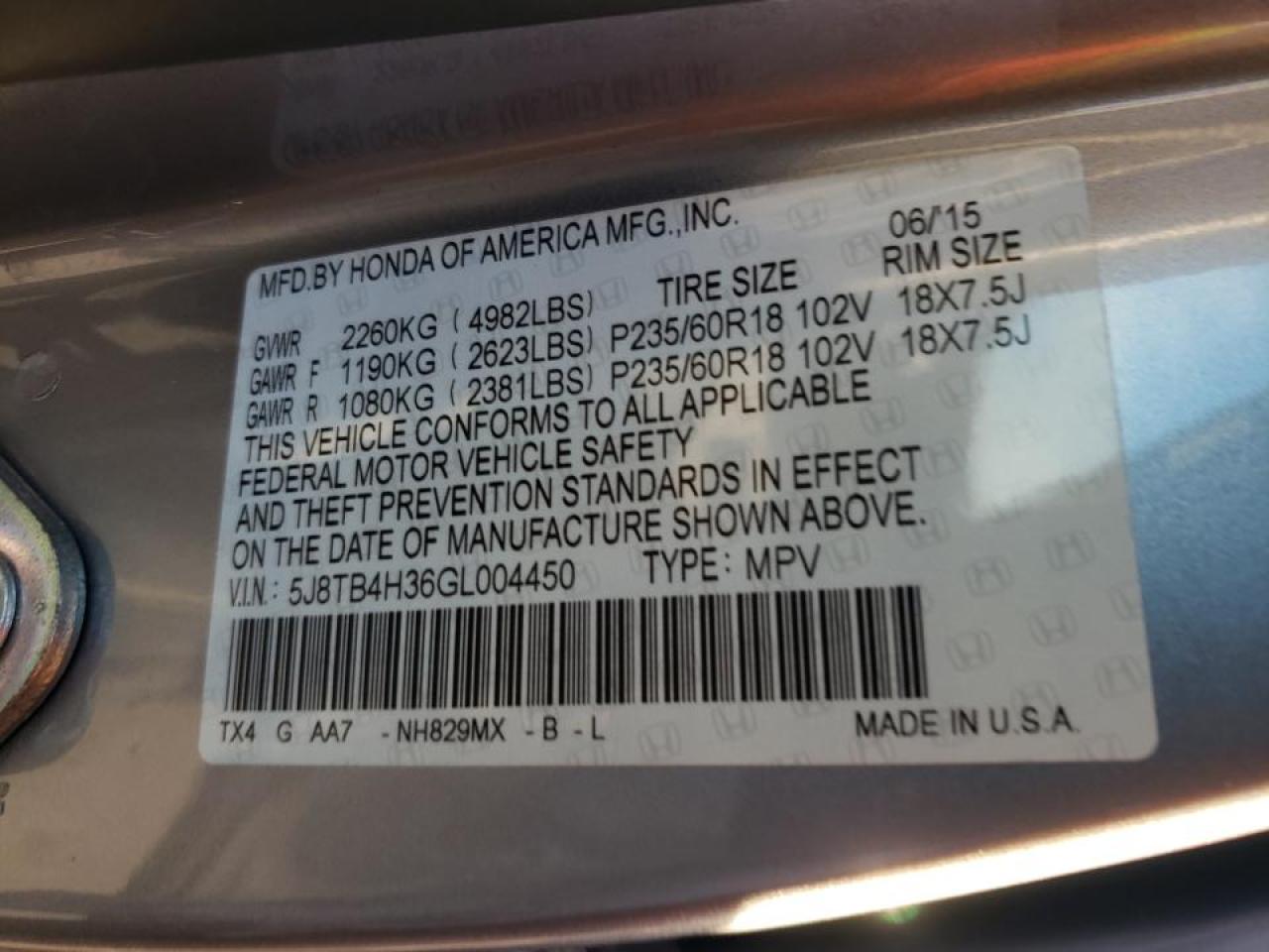 Photo 10 from auction – 2016 ACURA RDX with VIN 5J8TB4H36GL004450
