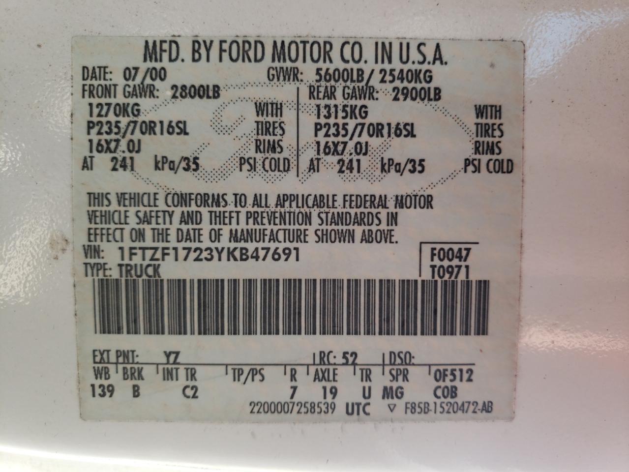 Photo 10 from auction – 2000 FORD F150 with VIN 1FTZF1723YKB47691