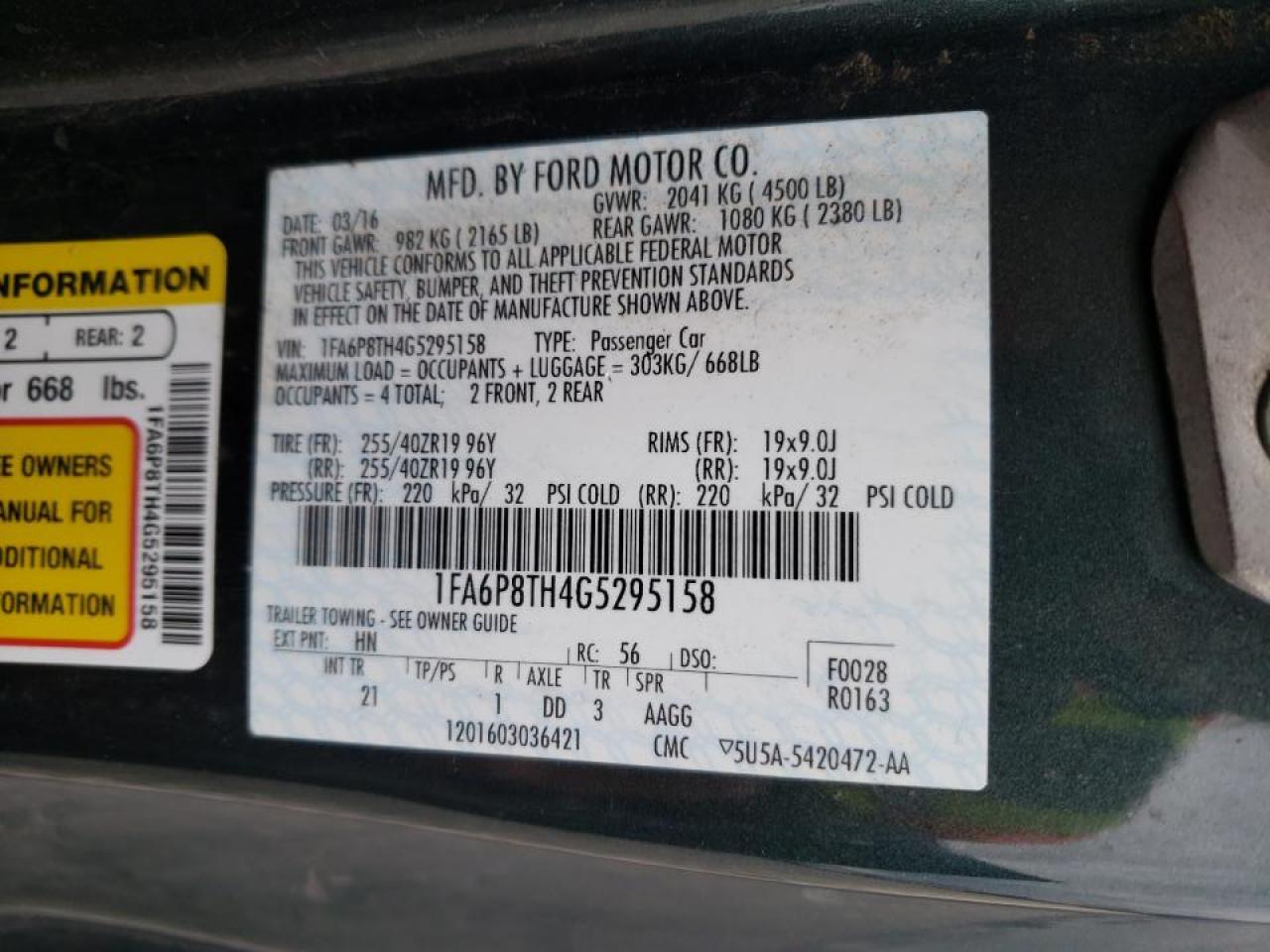 Photo 10 from auction – 2016 FORD MUSTANG with VIN 1FA6P8TH4G5295158