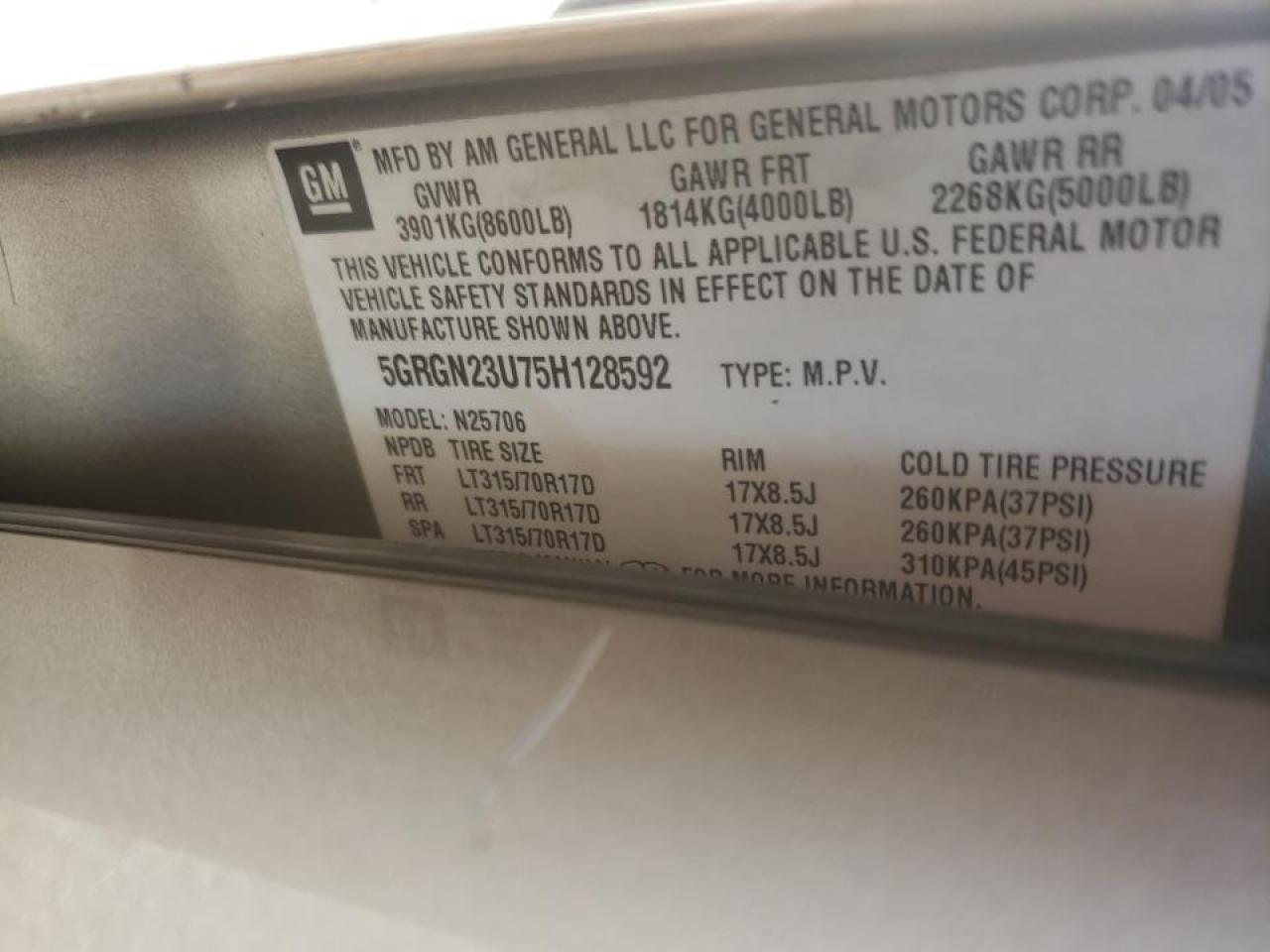 Photo 10 from auction – 2005 HUMMER H2 with VIN 5GRGN23U75H128592