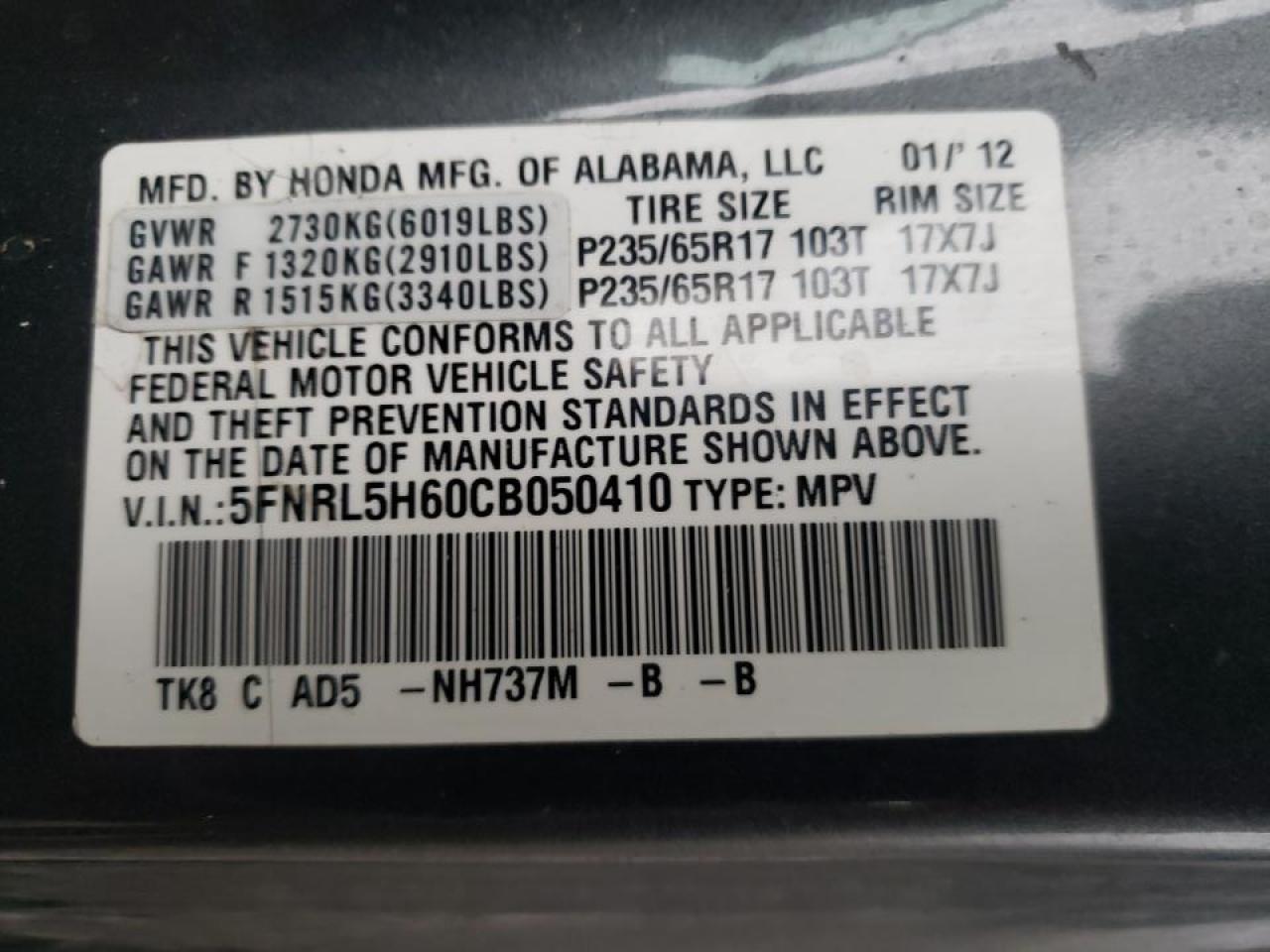 Photo 10 from auction – 2012 HONDA ODYSSEY EX with VIN 5FNRL5H60CB050410