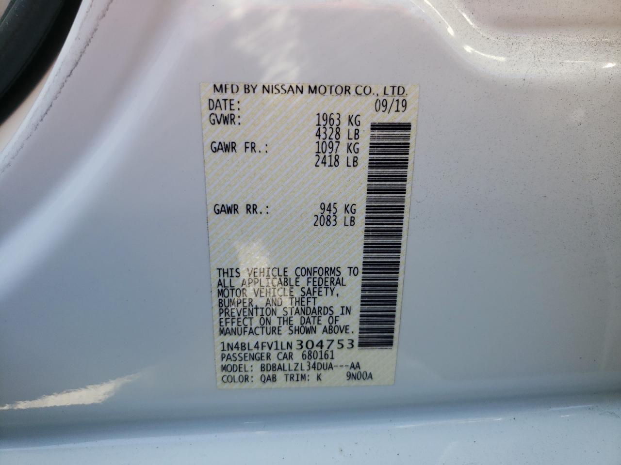 Photo 10 from auction – 2020 NISSAN ALTIMA PLA with VIN 1N4BL4FV1LN304753