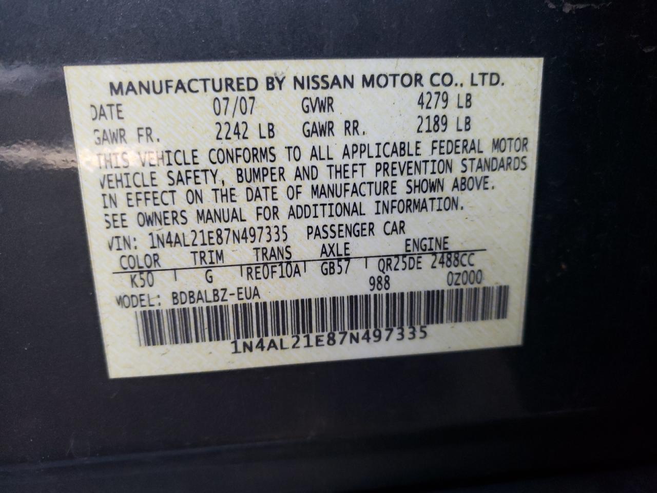 Photo 10 from auction – 2007 NISSAN ALTIMA 2.5 with VIN 1N4AL21E87N497335