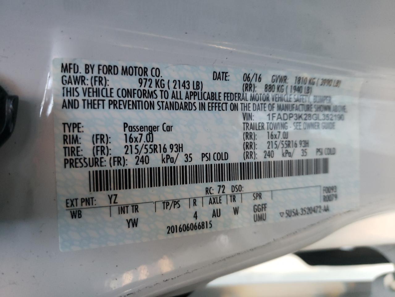 Photo 10 from auction – 2016 FORD FOCUS SE with VIN 1FADP3K28GL352190