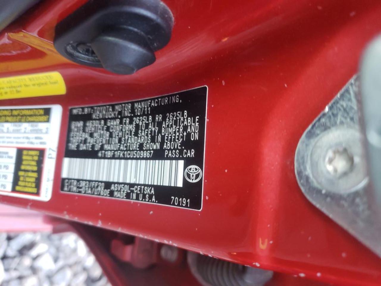 Photo 10 from auction – 2012 TOYOTA CAMRY BASE with VIN 4T1BF1FK1CU509867