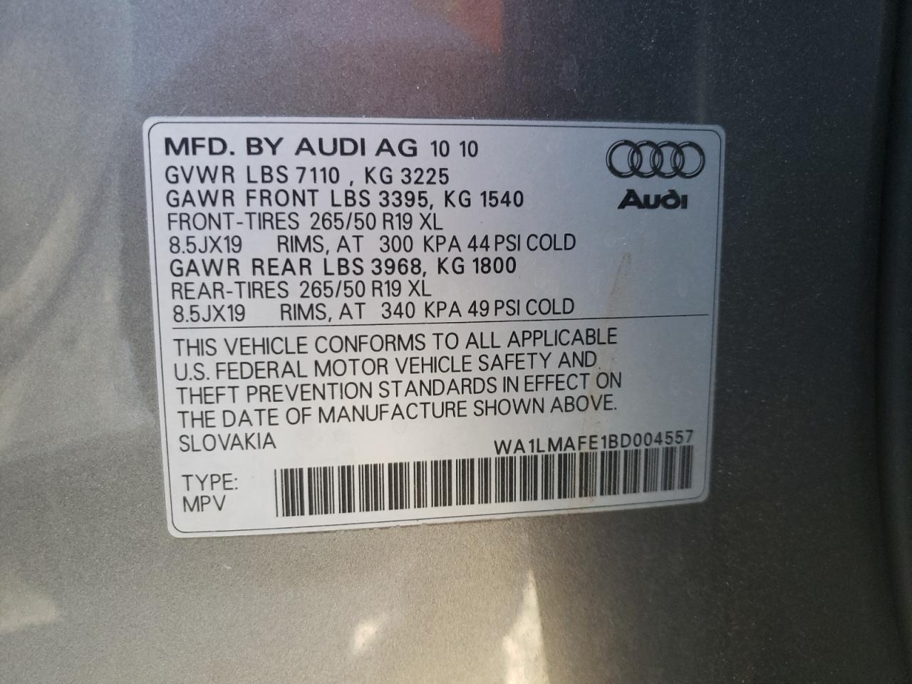 Photo 10 from auction – 2011 AUDI Q7 PREMIUM with VIN WA1LMAFE1BD004557
