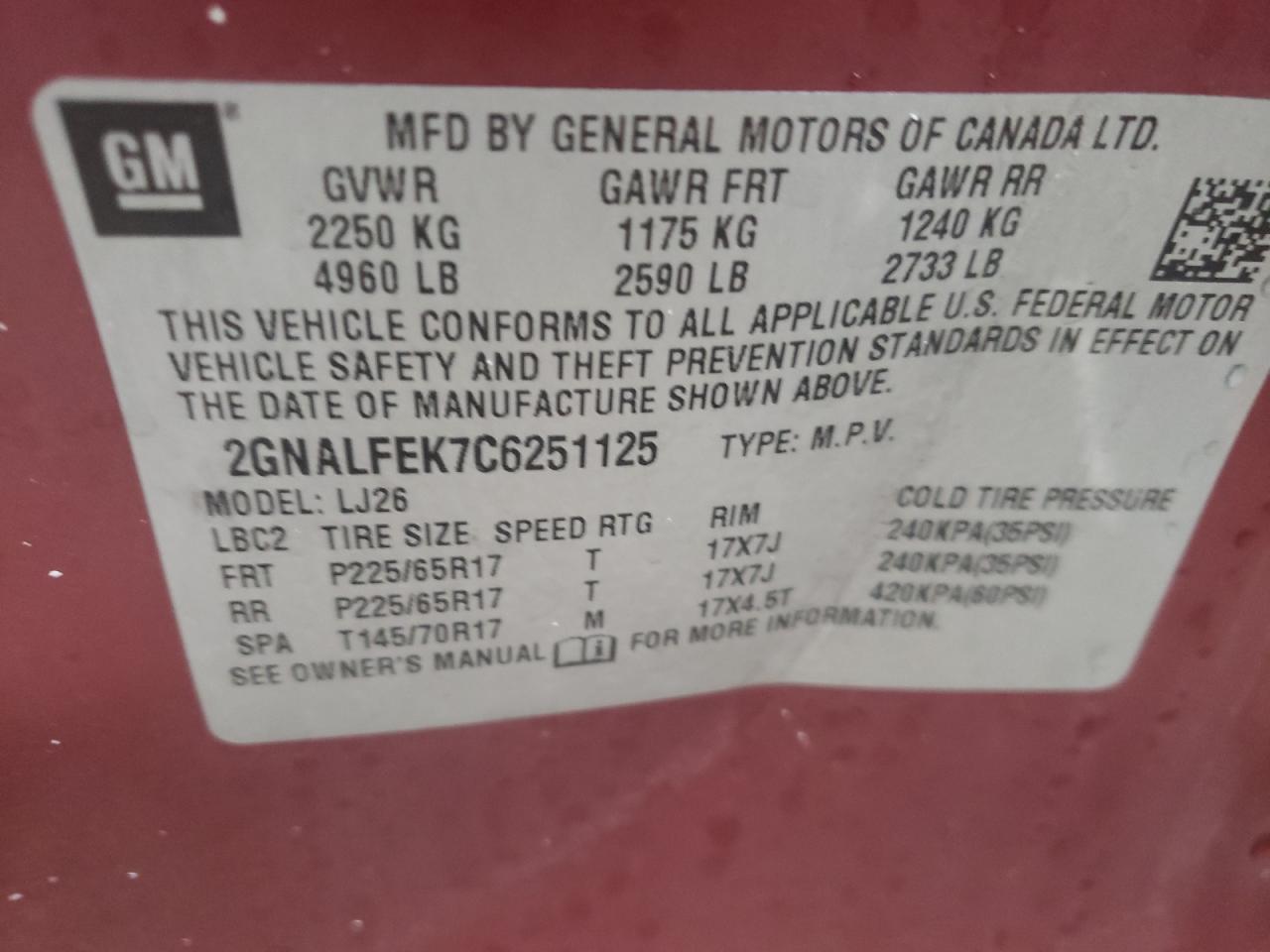 Photo 10 from auction – 2012 CHEVROLET EQUINOX LT with VIN 2GNALFEK7C6251125