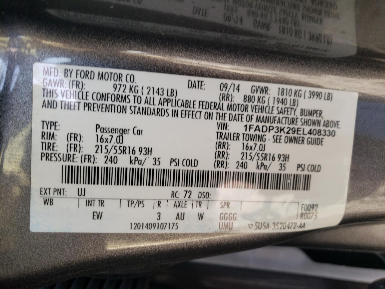 Photo 10 from auction – 2014 FORD FOCUS SE with VIN 1FADP3K29EL408330