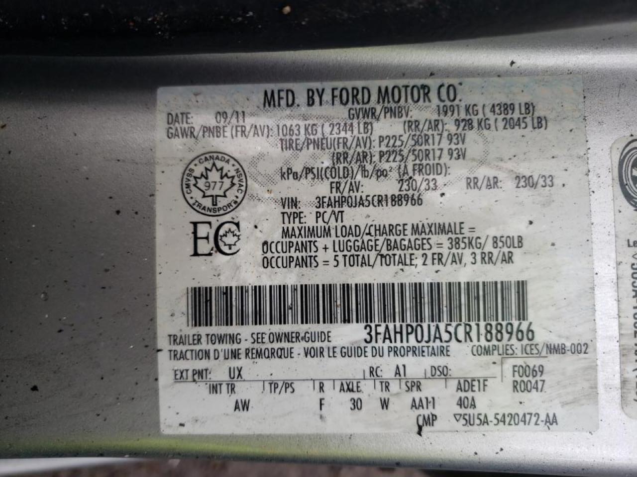 Photo 10 from auction – 2012 FORD FUSION SEL with VIN 3FAHP0JA5CR188966