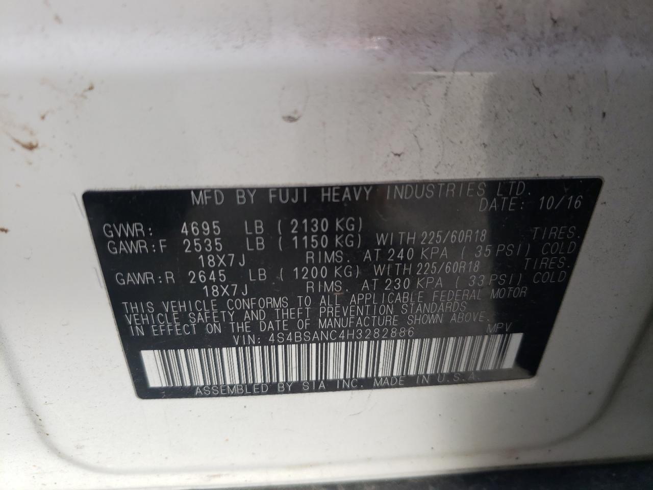 Photo 10 from auction – 2017 SUBARU OUTBACK 2. with VIN 4S4BSANC4H3282886
