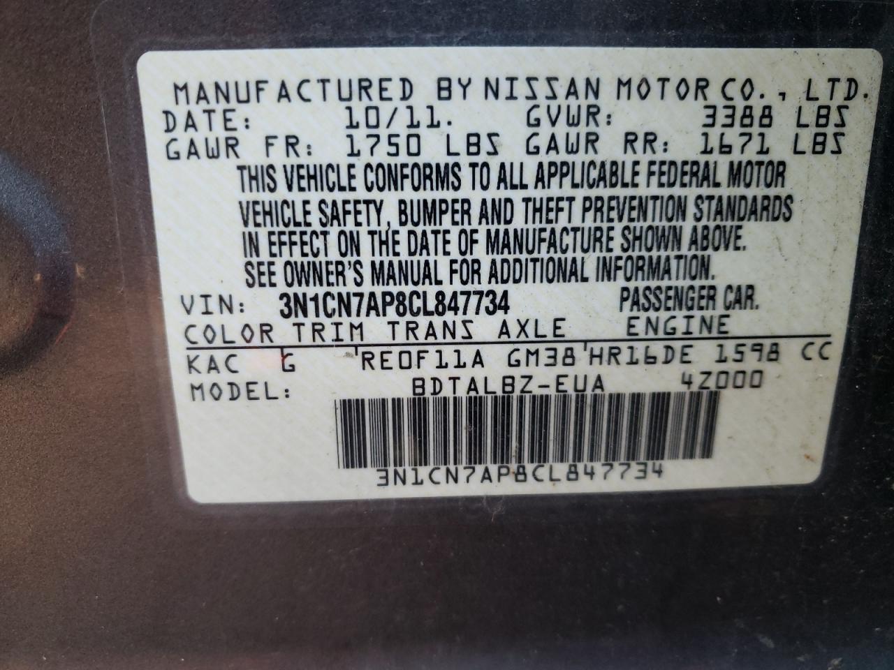 Photo 10 from auction – 2012 NISSAN VERSA S with VIN 3N1CN7AP8CL847734