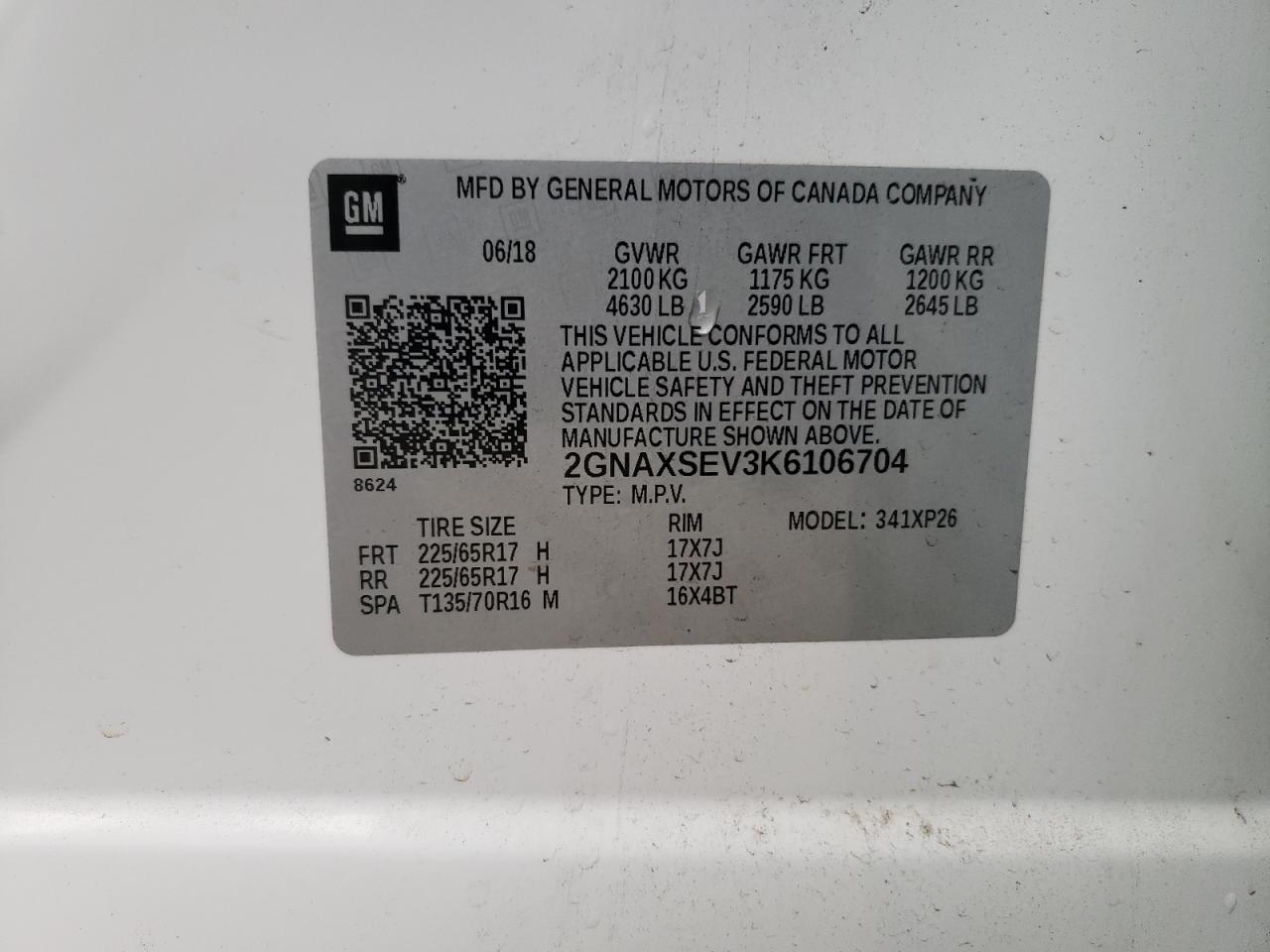 Photo 10 from auction – 2019 CHEVROLET EQUINOX LS with VIN 2GNAXSEV3K6106704