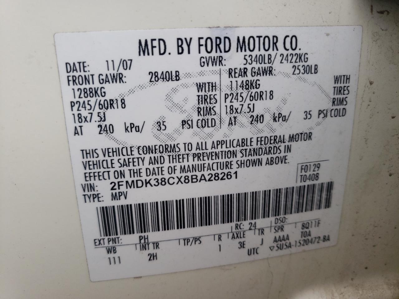 Photo 10 from auction – 2008 FORD EDGE SEL with VIN 2FMDK38CX8BA28261