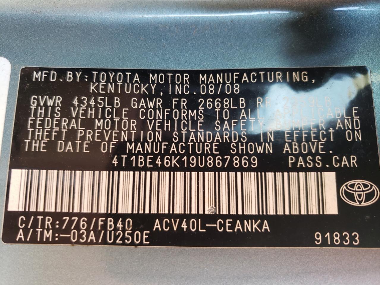 Photo 10 from auction – 2010 TOYOTA CAMRY BASE with VIN 4T1BE46K19U867869
