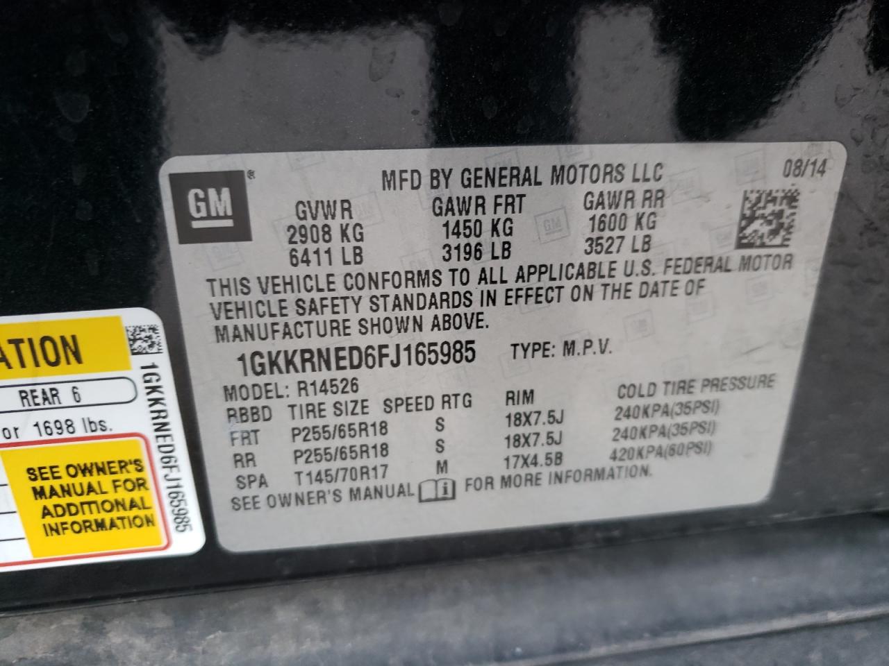 Photo 10 from auction – 2015 GMC ACADIA SLE with VIN 1GKKRNED6FJ165985