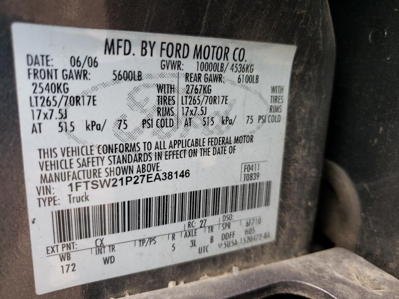 Photo 10 from auction – 2007 FORD F250 SUPER with VIN 1FTSW21P27EA38146