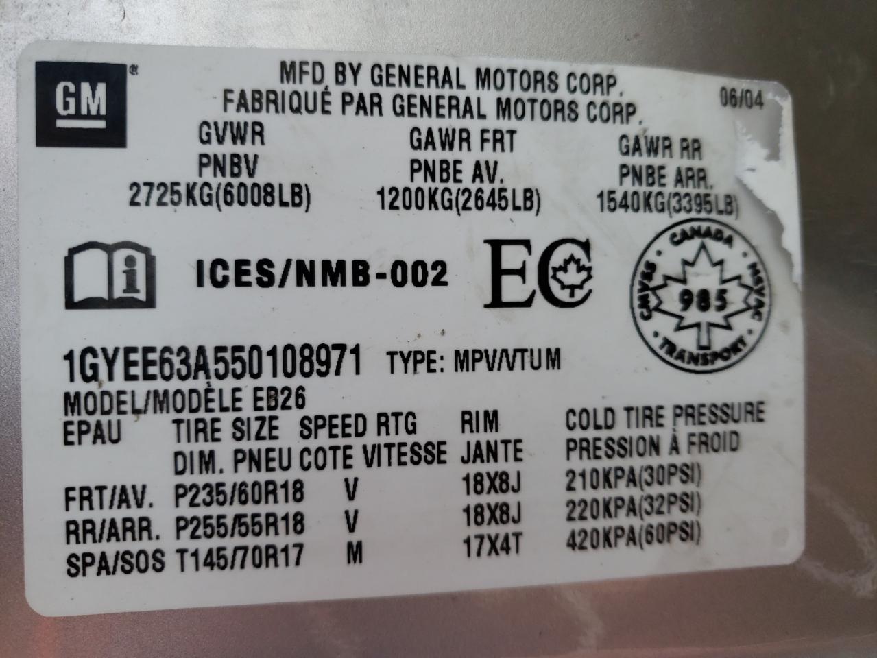 Photo 10 from auction – 2005 CADILLAC SRX with VIN 1GYEE63A550108971