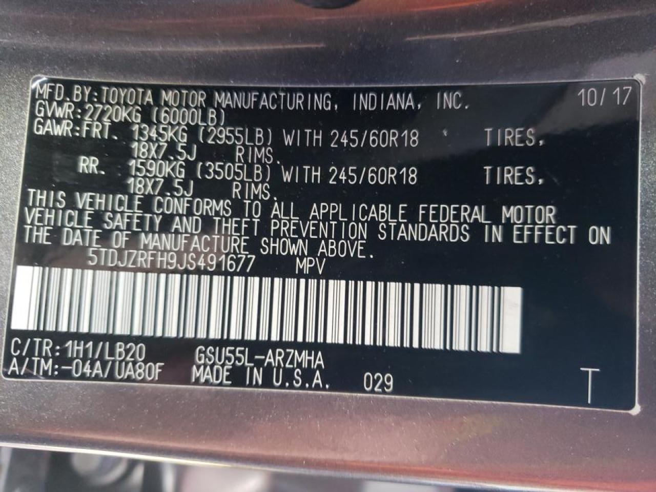 Photo 10 from auction – 2018 TOYOTA HIGHLANDER with VIN 5TDJZRFH9JS491677