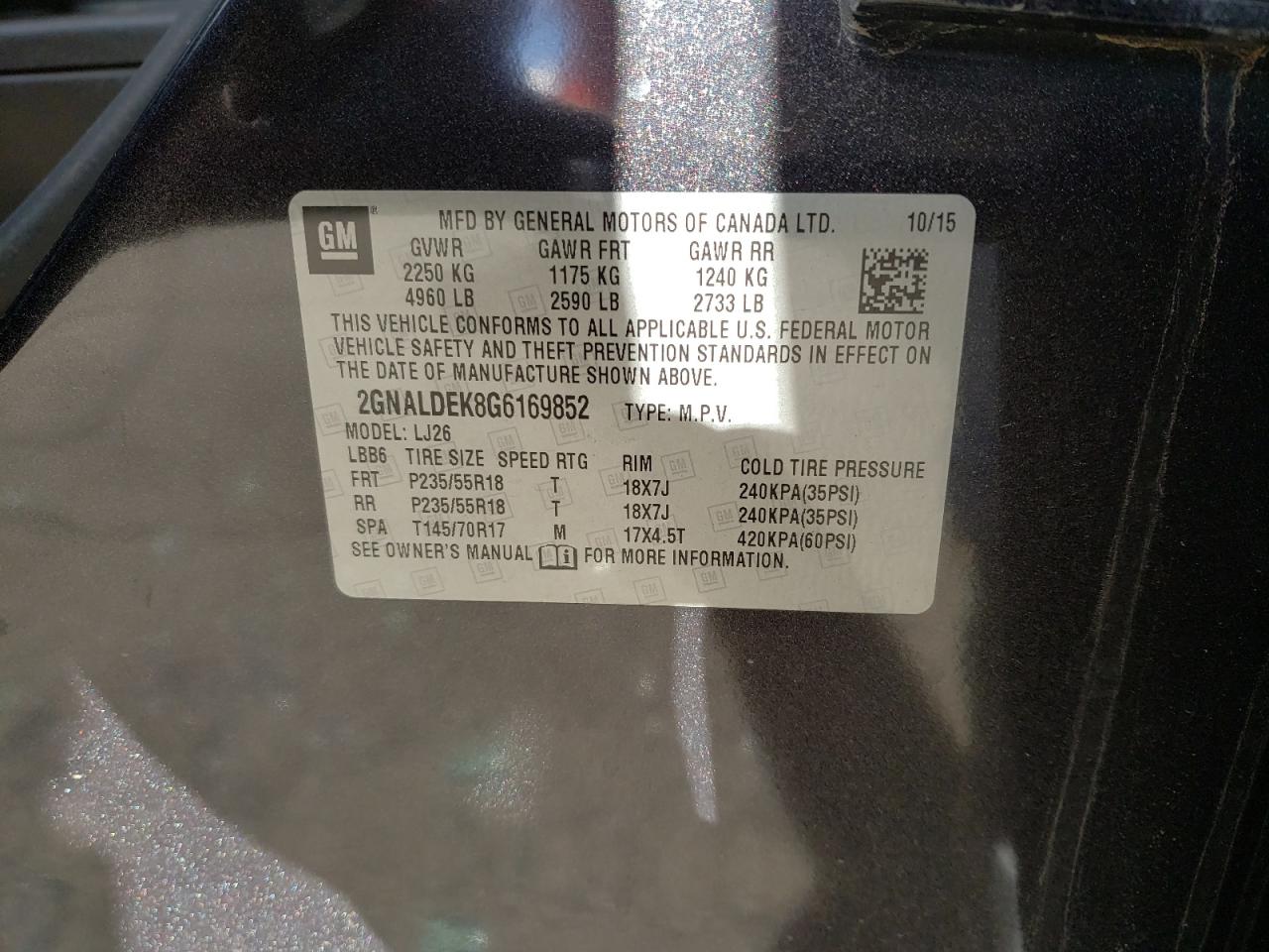 Photo 10 from auction – 2016 CHEVROLET EQUINOX LT with VIN 2GNALDEK8G6169852