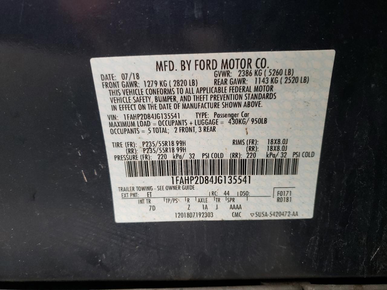 Photo 10 from auction – 2018 FORD TAURUS SE with VIN 1FAHP2D84JG135541