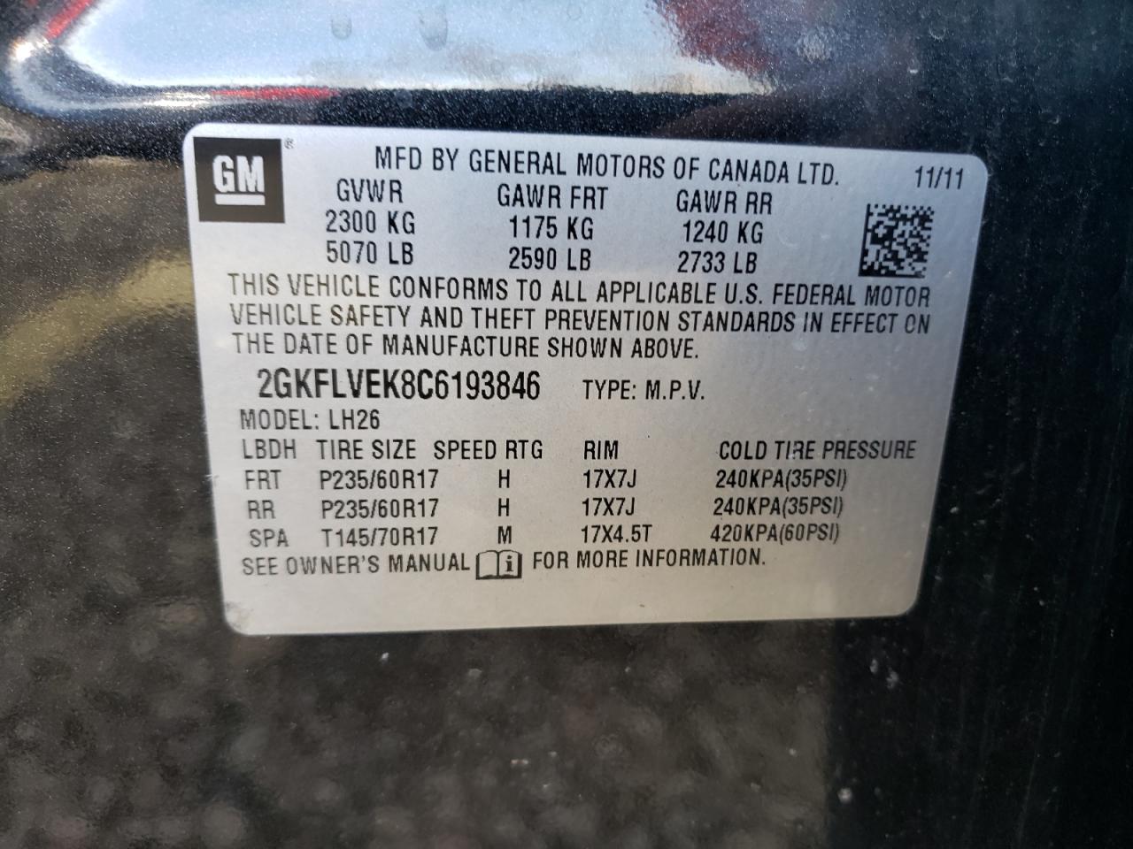 Photo 10 from auction – 2012 GMC TERRAIN SL with VIN 2GKFLVEK8C6193846