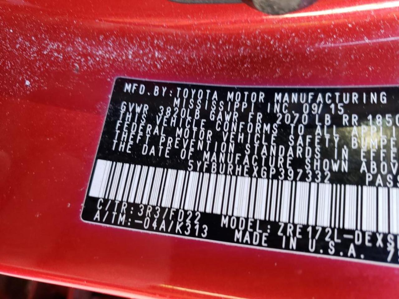Photo 10 from auction – 2016 TOYOTA COROLLA L with VIN 5YFBURHEXGP397332