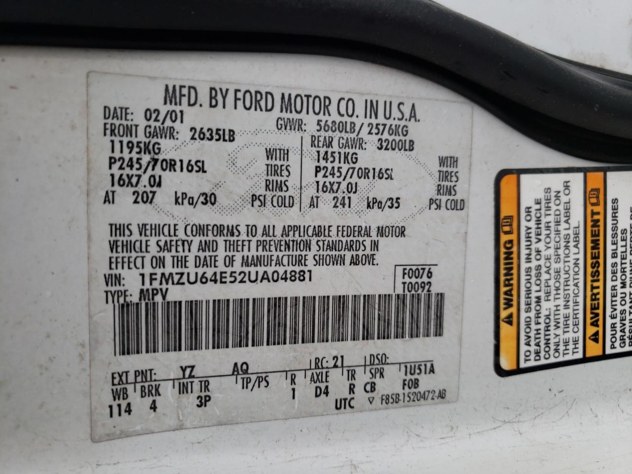 Photo 10 from auction – 2002 FORD EXPLORER E with VIN 1FMZU64E52UA04881
