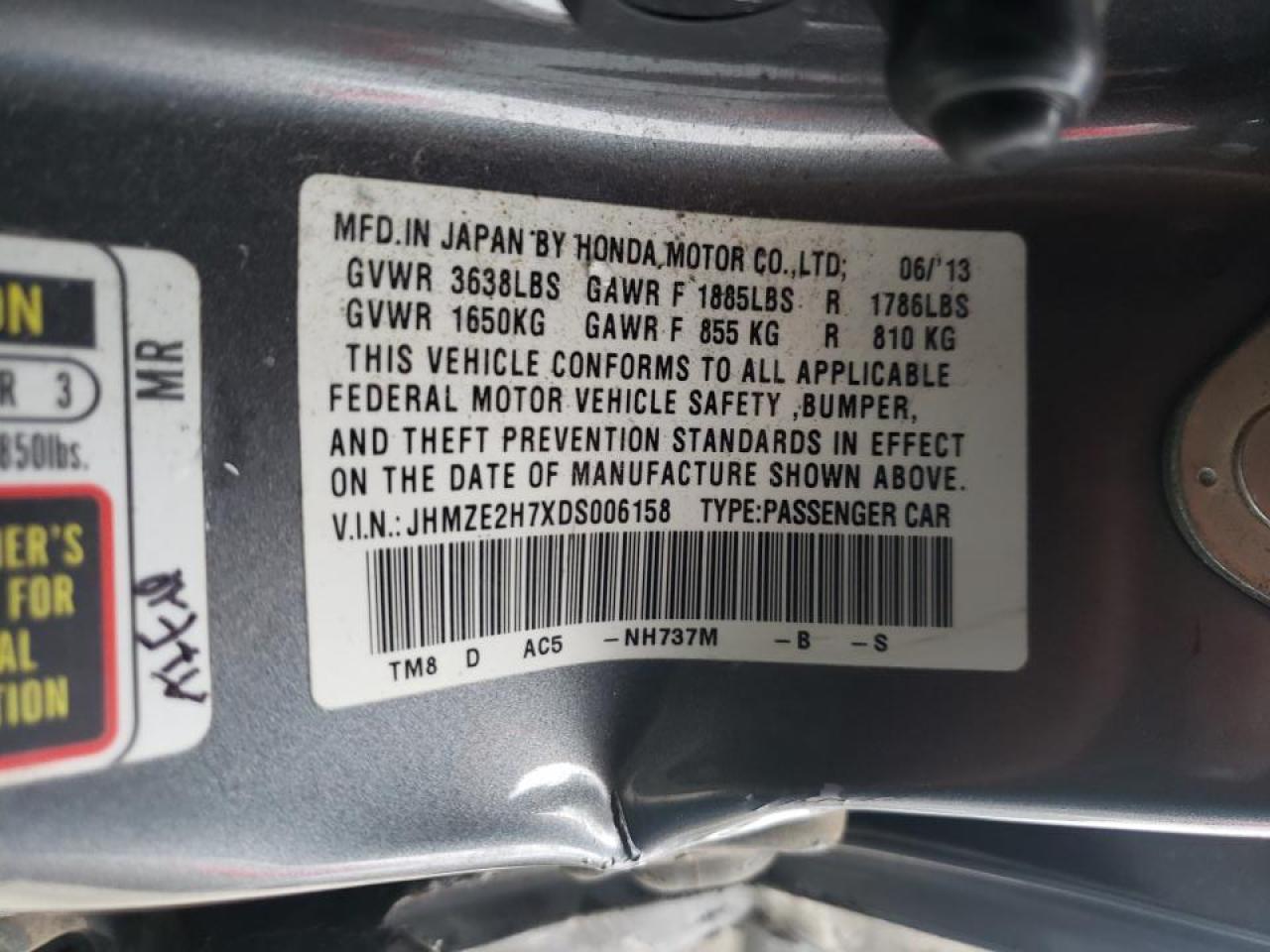 Photo 10 from auction – 2013 HONDA INSIGHT with VIN JHMZE2H7XDS006158