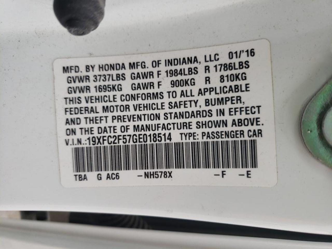Photo 10 from auction – 2016 HONDA CIVIC LX with VIN 19XFC2F57GE018514