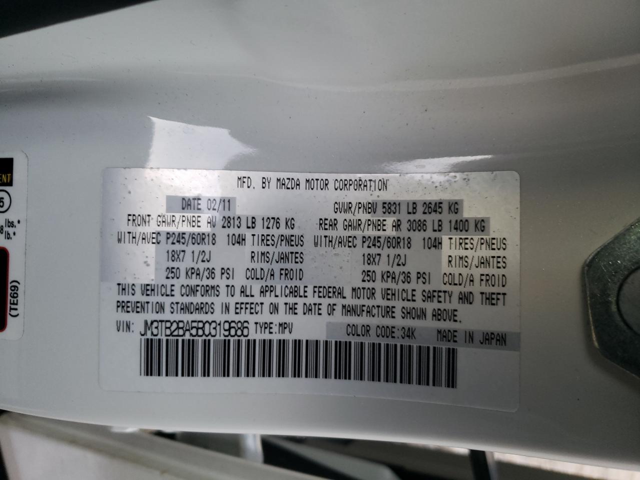 Photo 10 from auction – 2011 MAZDA CX-9 with VIN JM3TB2BA5B0319686