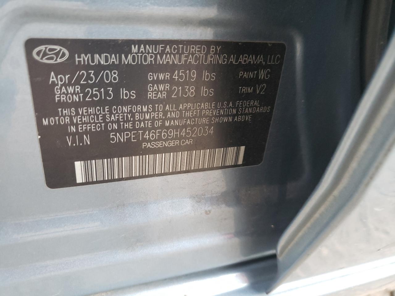 Photo 10 from auction – 2009 HYUNDAI SONATA GLS with VIN 5NPET46F69H452034