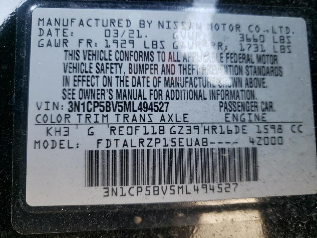 Photo 10 from auction – 2021 NISSAN KICKS S with VIN 3N1CP5BV5ML494527