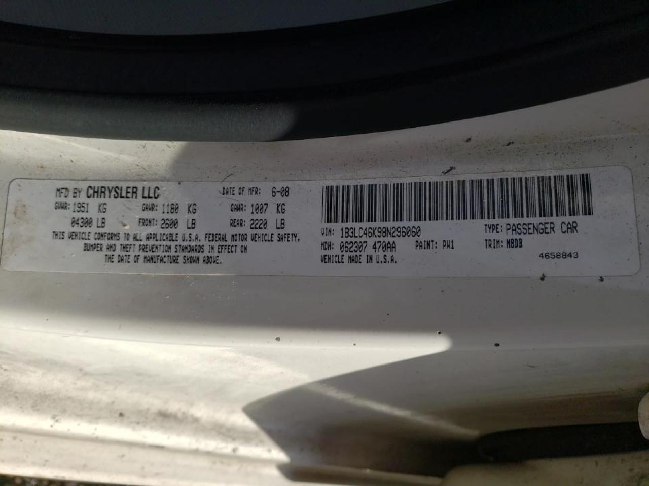 Photo 10 from auction – 2008 DODGE AVENGER SE with VIN 1B3LC46K98N296060