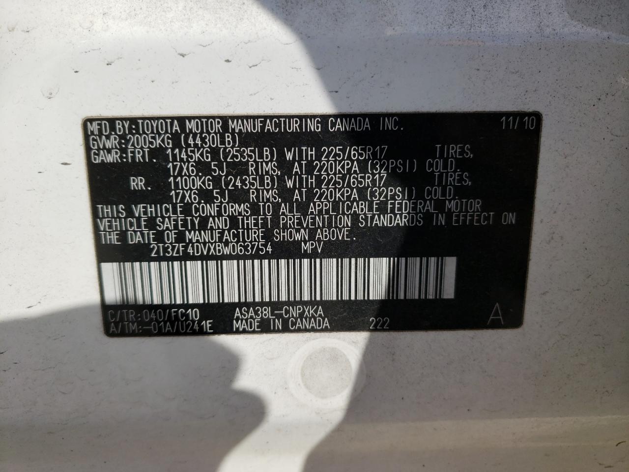 Photo 10 from auction – 2011 TOYOTA RAV4 with VIN 2T3ZF4DVXBW063754