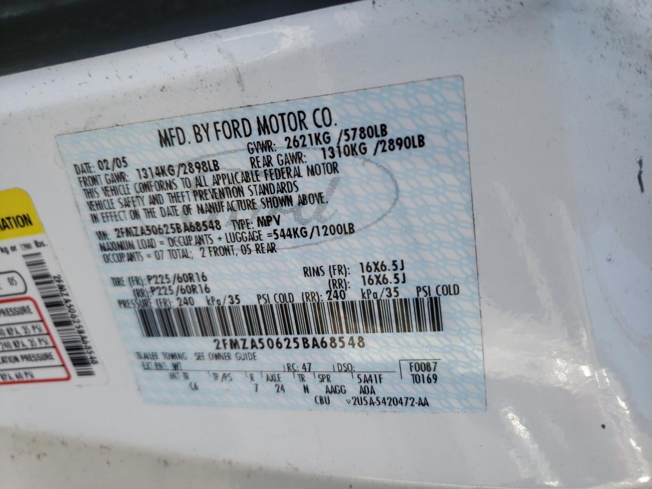 Photo 10 from auction – 2005 FORD FREESTAR S with VIN 2FMZA50625BA68548