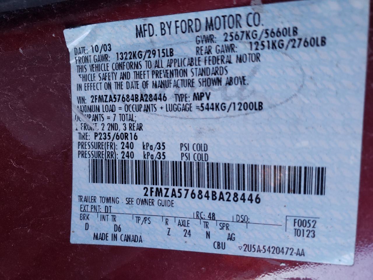 Photo 10 from auction – 2004 FORD FREESTAR S with VIN 2FMZA57684BA28446