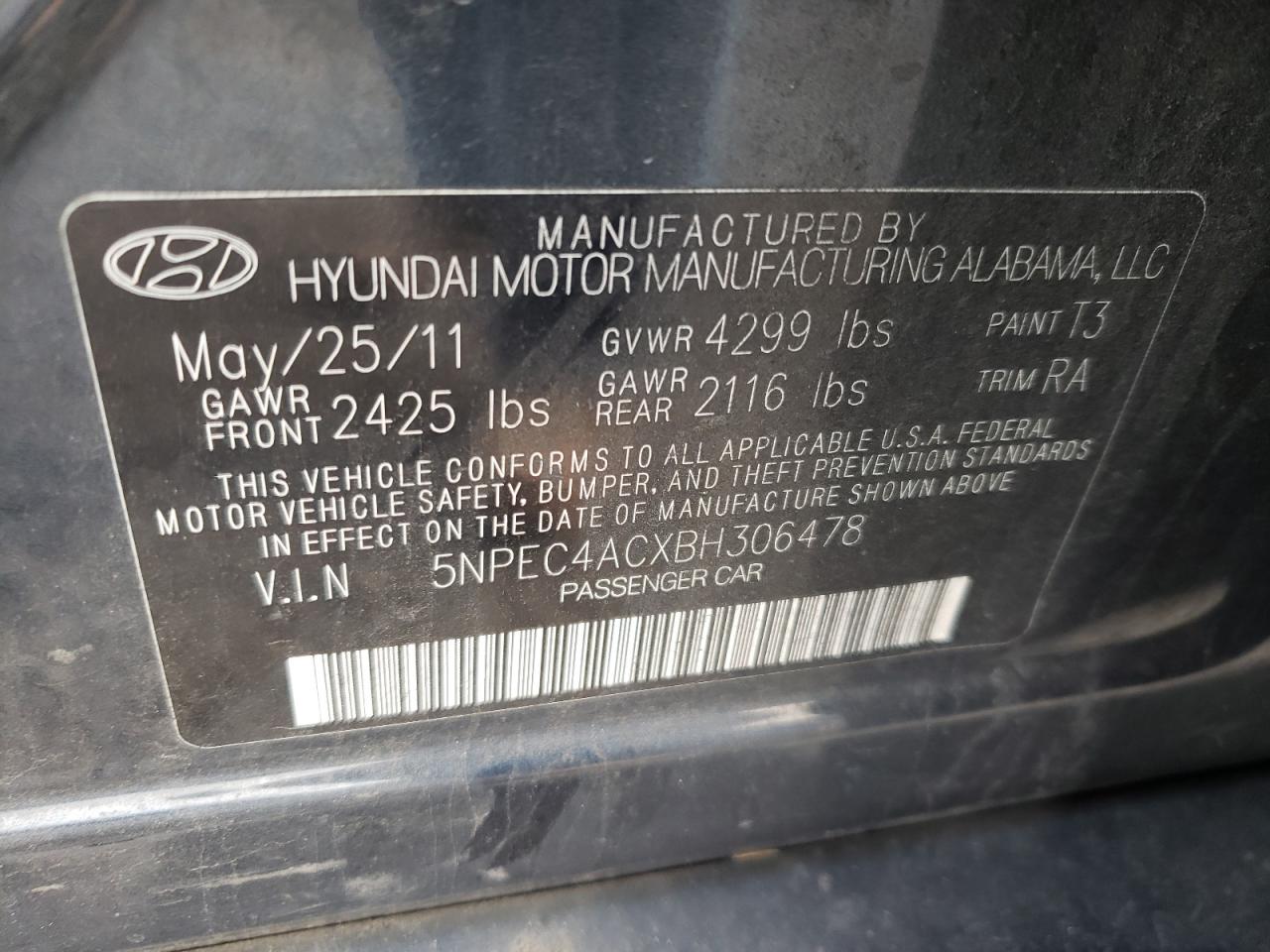 Photo 10 from auction – 2011 HYUNDAI SONATA SE with VIN 5NPEC4ACXBH306478