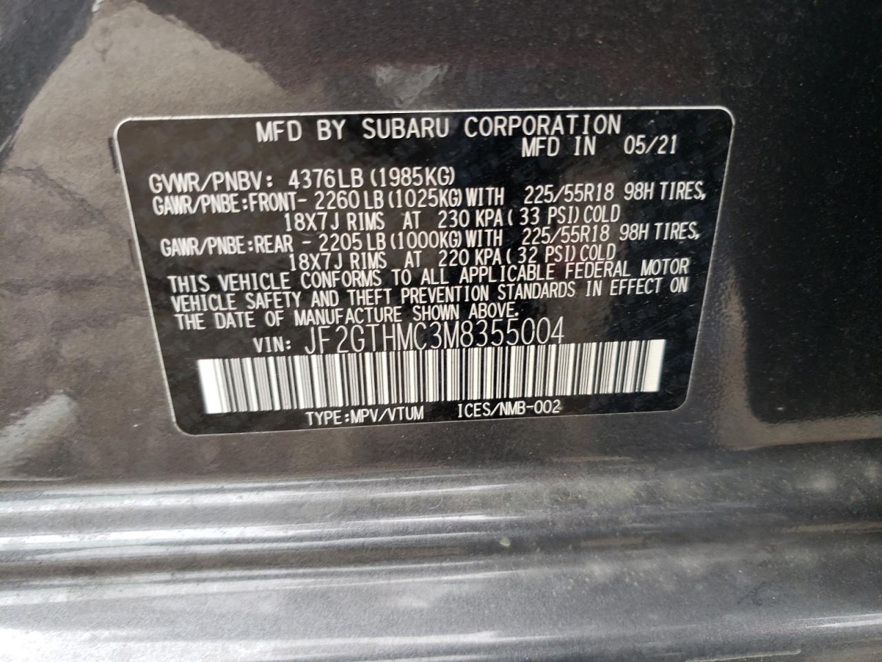 Photo 10 from auction – 2021 SUBARU CROSSTREK with VIN JF2GTHMC3M8355004