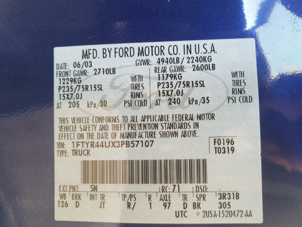 Photo 10 from auction – 2003 FORD RANGER SUP with VIN 1FTYR44UX3PB57107