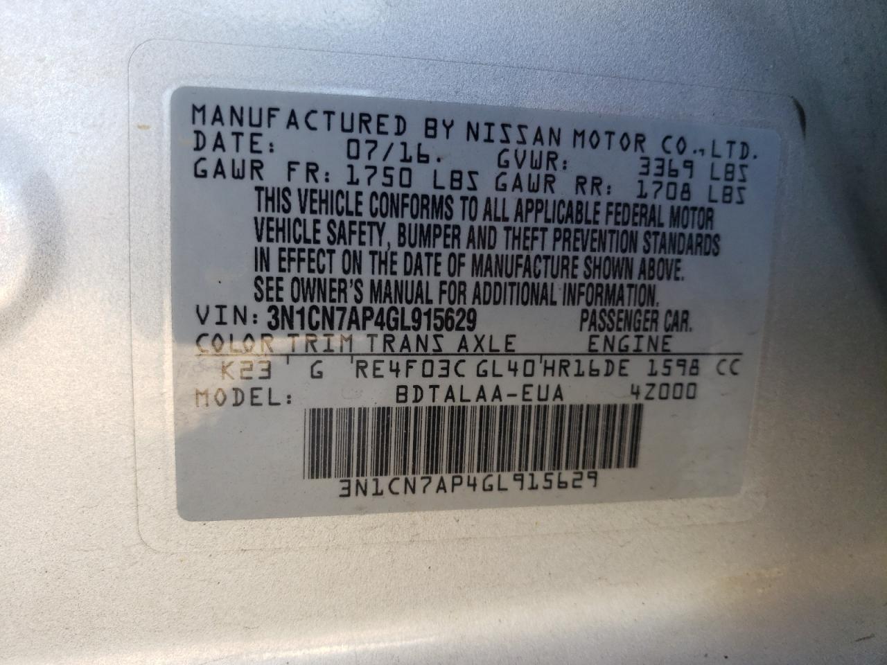 Photo 10 from auction – 2016 NISSAN VERSA S with VIN 3N1CN7AP4GL915629