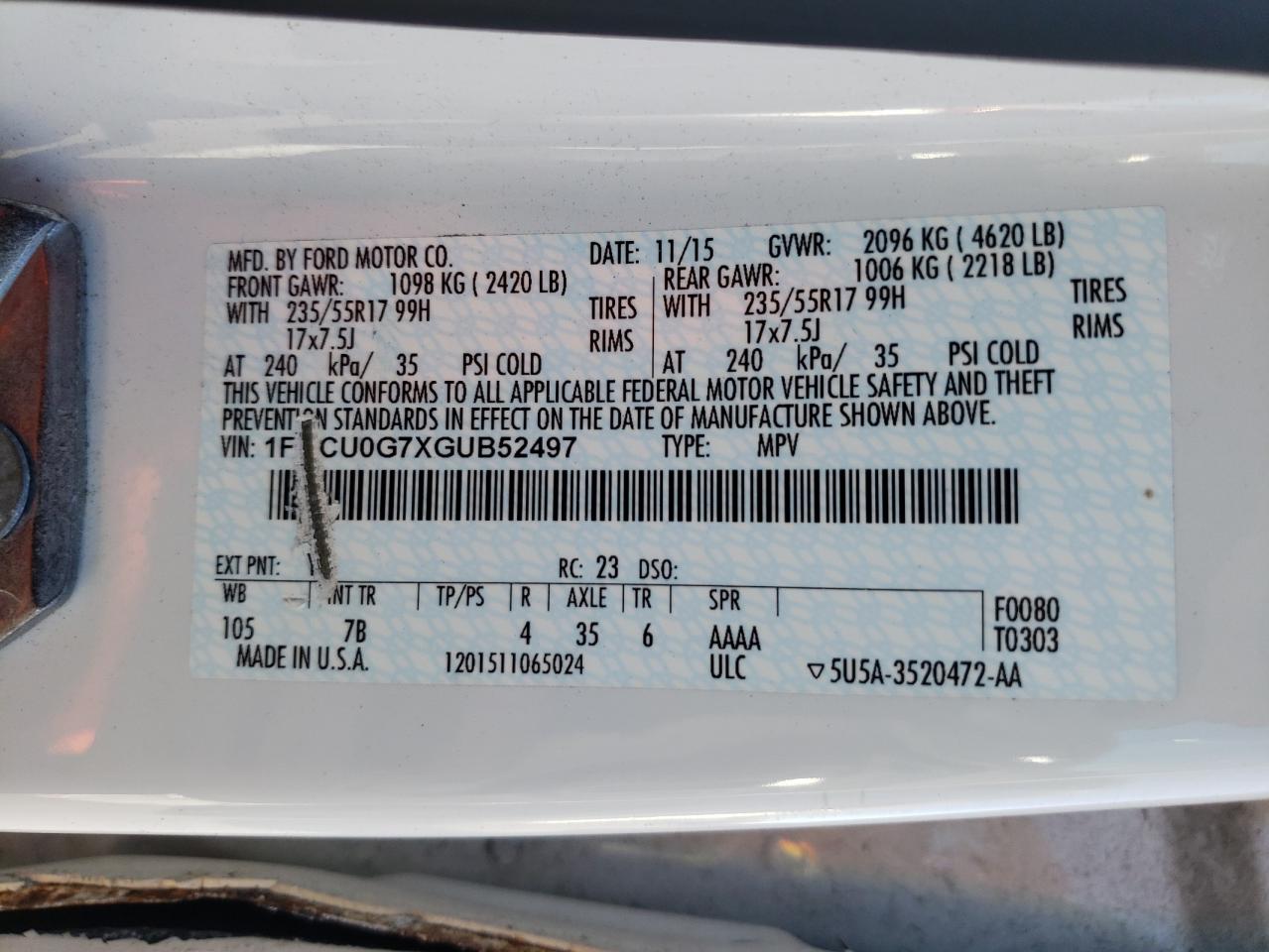 Photo 10 from auction – 2016 FORD ESCAPE SE with VIN 1FMCU0G7XGUB52497