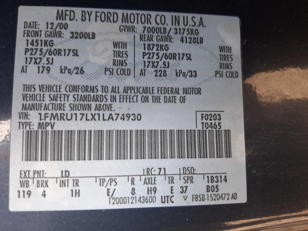 Photo 10 from auction – 2001 FORD EXPEDITION with VIN 1FMRU17LX1LA74930
