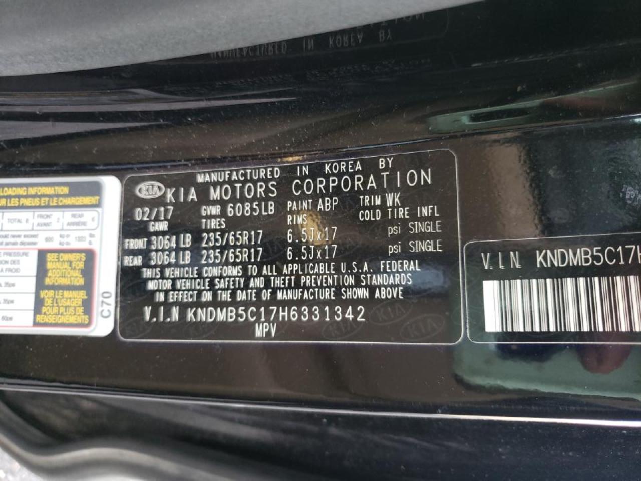 Photo 10 from auction – 2017 KIA SEDONA LX with VIN KNDMB5C17H6331342